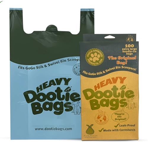 HEAVY Dootie Bags with EZ Tie Handles. Clean and Convenient for Pet Dog Poop, Cat Litter. Multi-Use. Great for Swivel Bin and Gogo Stik Scoopers. Made with Cornstarch. Strong, Leakproof and Very Large