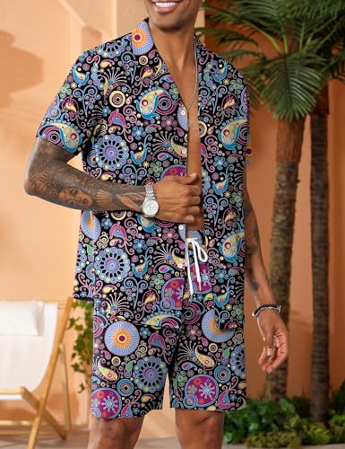 LecGee Men's Rave Outfits Hawaiian Shirts and Shorts Sets 2 Pieces Retro 80s 90s Outfit3