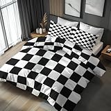 FJWXCBD Black and White Checkered Bedding Queen Size Duvet Cover Set 3 Piece, Checkerboard Bedroom Decor, Plaid Geometric Duvet Cover & 2 Pillow Shams, with Zipper & Ties, Super Soft Microfiber