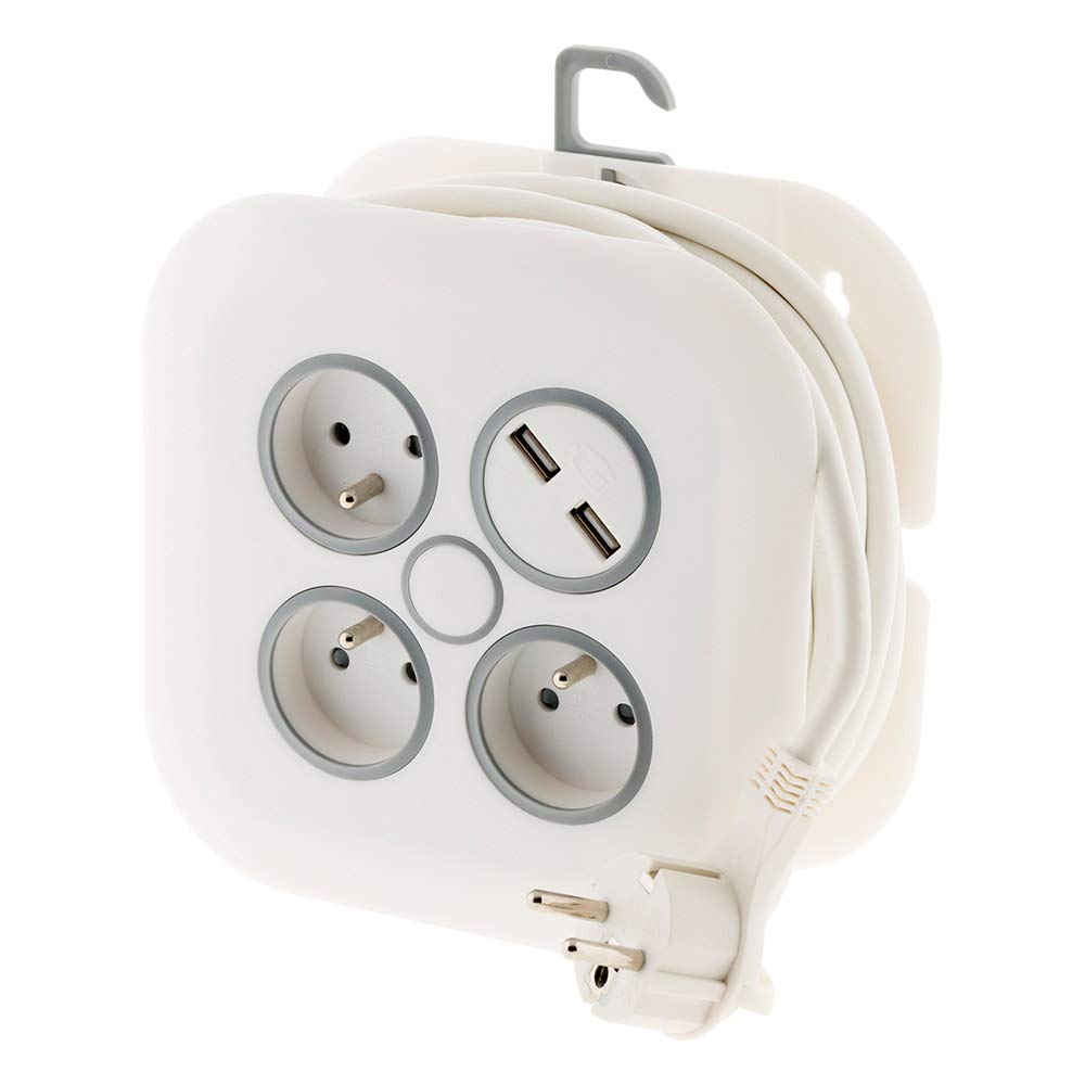 Enrouleur Domestique Zenitech 3 Prises + 2 USB 7m - Gris, Fixation Murale Et Coupe-Circuit