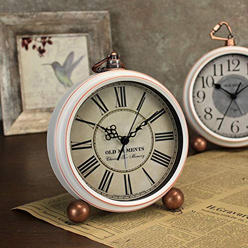 HeQiao Vintage Silent Non-Ticking Table Alarm Clocks (White)