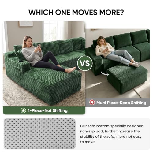 Image of Boneless Couch, 127 inch Sofas for Living Room, U Shaped Couch with Chaise | Sectional Sofa, Cloud Couch Sectional with Cup Holders and Storage, Cloud Sofa with Deep Seat, Green, Corduroy, No Assembly
