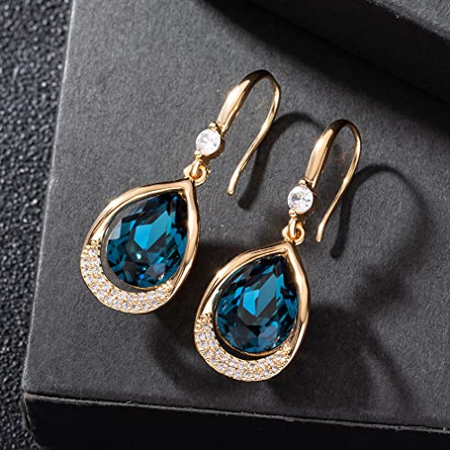 Austrian Crystal Halo Teardrop Hollow Drop Dangle Earrings for Women 14K Rose Gold Plated Hypoallergenic Jewelry (Dark Blue) by EVEVIC - Image 3