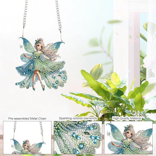 Image of AiYuanzsh Green Butterfly Fairy Diamond Art Painting Hanging Pendant Kit Special Shaped Diamond Dots Art Acrylic Ornaments Diamond Art Painting Pendant for Adult Home Wall Window Decor Gift