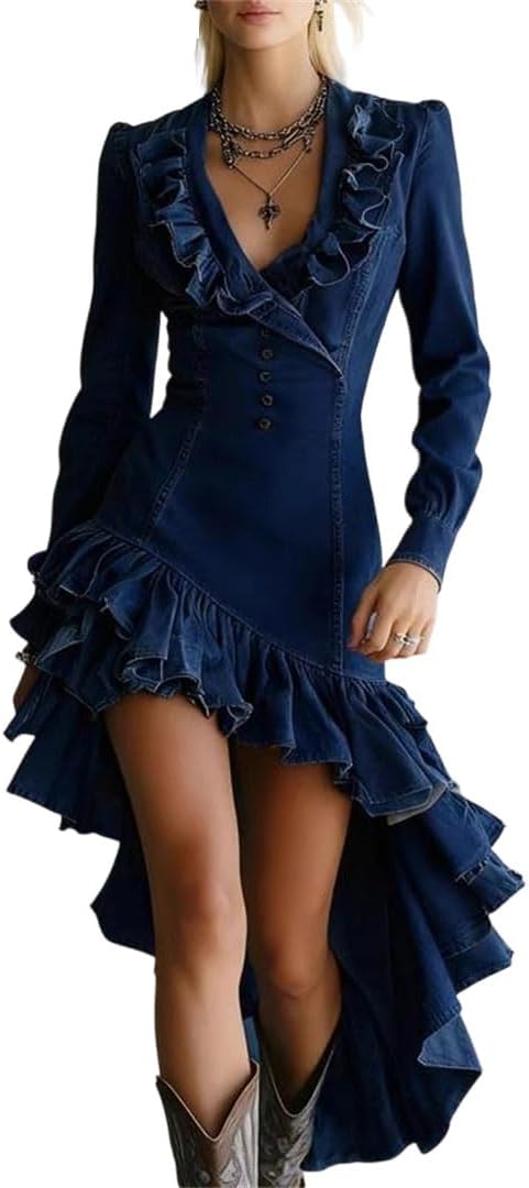 Women Elegant Ruffled Waist Pleat Irregular Slim Party Sexy V-Neck Long Sleeve Wash Denim Dress