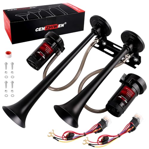 Cenzhiwen Dual Trumpet Metal Air Horn for truck Kit with 2-120 PSI Compressors - 12V 150dB Loud is suitable for pickup/motorhome/SUV/truck/train Boat - Complete and other vehicles(2 speakers)