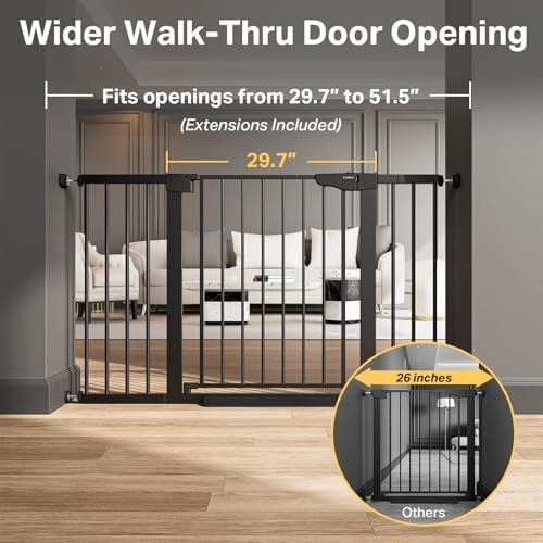 Cumbor baby gate covering a standard opening, fitting widths from 29.7 to 51.5 inches with extensions, highlighting a 29.7 inch walk-through door.