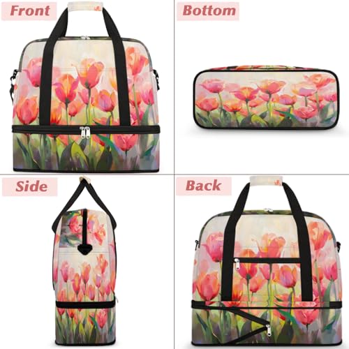 Travel Duffel Bags Tulips Pattern Foldable Weekender Bags for Women with Shoes Compartment Waterproof & Tear Resistant Carry on Overnight Luggage Duffel Bag Shoulder Sports Tote Bag3