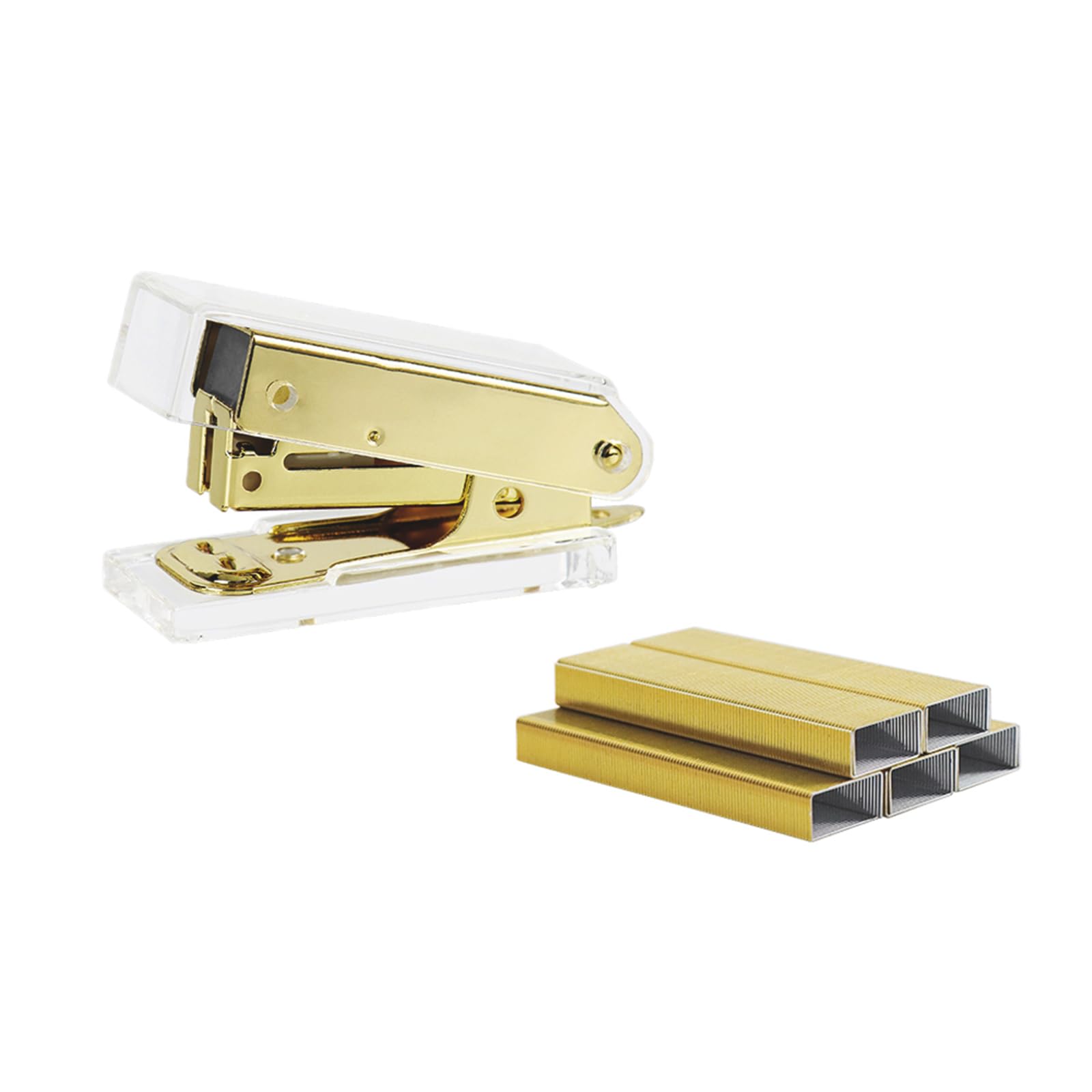 NatSumeBasics Pure Gold Mini Stapler with Staples Set Clear Acrylic Metallic Manual Stapler and 1000pcs 6/26 Standard Colored Staples Kit for Desk
