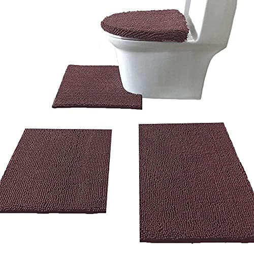 Chenille Bath Rug Set 4 Piece with Toilet Lid Cover and Rug Set Combo, Soft Shaggy Bath Rug Set 3 Piece and U-Shaped Toilet Floor Rug Coffee