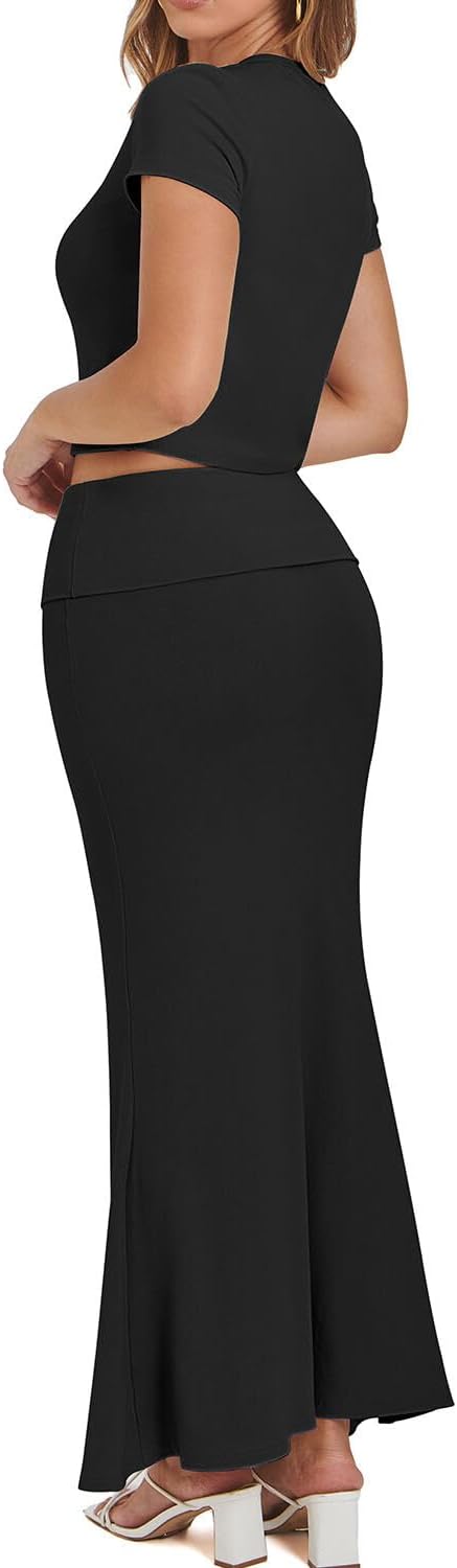 CHYRII Womens Two Piece Sets Short Sleeve Crewneck Cropped Top Bodycon Fold Over Maxi Skirt Maxi Dress Outfit - Image 5