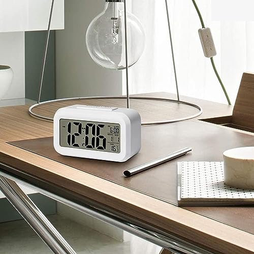 Image of HNY White Digital Alarm Clock Table Clock for Students, Home, Office, Corporate with Automatic Sensor, Date & Temperature