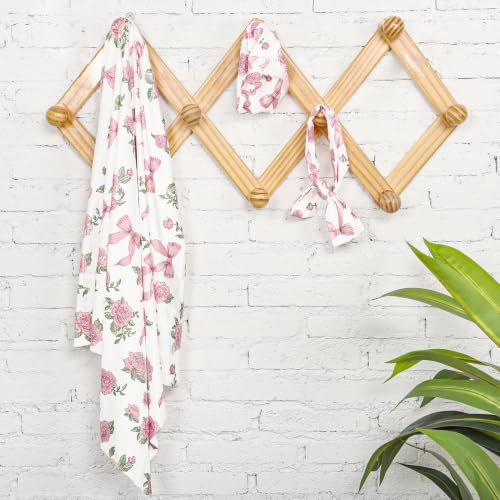 Image of TANOFAR 4-Pack Newborn Swaddle Blanket for Baby Girls & Boys, Ultra Soft Receiving Blankets with Matching Headband and Beanie Set Baby Nursery Swaddle Wrap, Flower Bow
