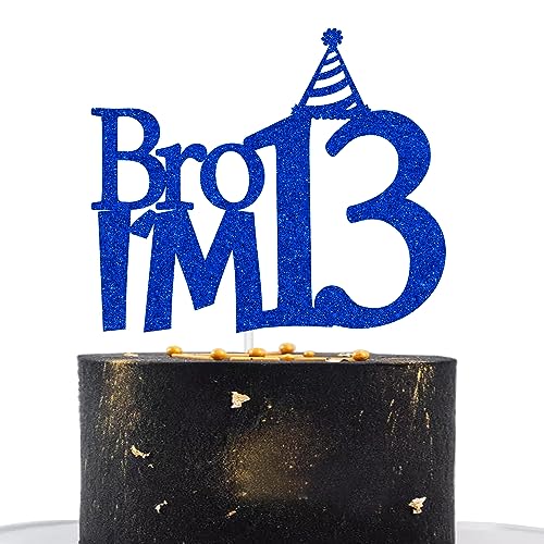 Happy 13th Birthday Cake Topper, Officially Teenager 13 Cake Decor, Bro I'm 13, Teens Funny 13th Birthday Party Decorations Blue Glitter