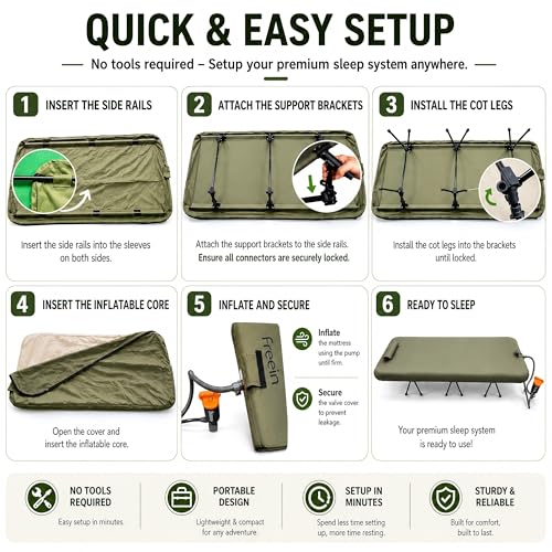 Image of Freein 2-in-1 Modular Camping Cot with Inflatable Sleeping Pad, 7 PSI High-Pressure Drop-Stitch Mattress, Standard Twin Size, Dual-Height Adjustable Folding Bed for Tent, SUV & Guests