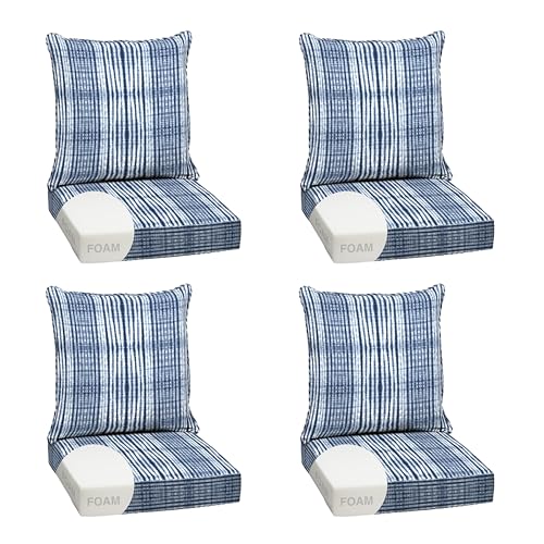 Image of Arden Outdoor Foam Deep Seat Cushion Set, 4-Pack, 24x24, Premium High-Density Foam, Never Flattens, Weather-Proof for Patio Chair Sofa Couch, Blue Shibori Stripe