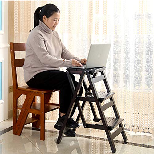Folding Ladder Staircase Multi-Functional Folding Solid Wood Ladder Stool,Step Stool Household Muliti-Color Stool Step Ladder Foldable Stepladder,Black,Three