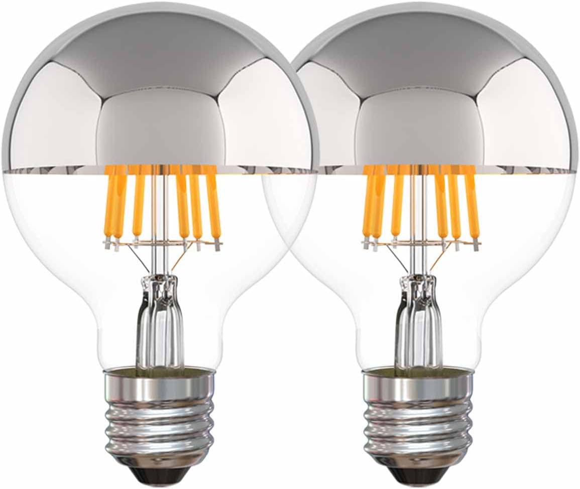Half Chrome Decorative LED Light Bulb, 6W (Equivalent 60W) G80/G25 Globe Shape Edison Bulb, 2700K Warm White, Silver Tipped, Dimmable, E26 Base Pack of 2