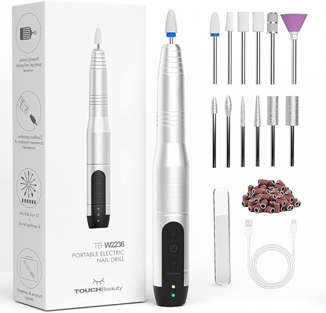TOUCHBeauty Cordless Rechargeable Electric Nail Drill,12 in 1 Electric Nail File Kit for Acrylic Gel Nails,Manicure Pedicure Tools for Shaping, Polishing, Removing Callus, Home Salon Use,AG-2236