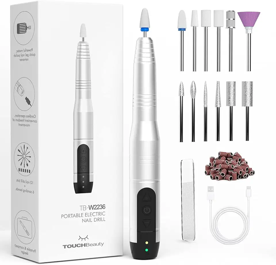 TOUCHBeauty Lixadeira Elétrica Sem Fio Para Unhas, Máquina Profissional 12 Em 1 Para Unhas De Gel Acrílico, Kit De Manicure E Pedicure Para Polimento, Recarregável (Prata)