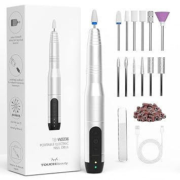 Electric Nail Drill Cordless, TOUCHBeauty Electric Nail File Machine Professional 12 in 1 for Acrylic Gel Nails, Manicure Pedicure Kit for Polishing Rechargeable Silver