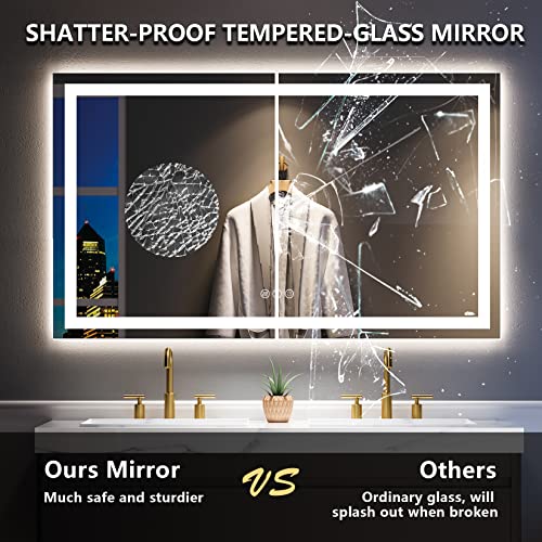 Image of 60x36 Inch LED Bathroom Mirror with Lights Front and Backlit Lighted Vanity Mirror for Bathroom Wall with 3 Colors Dimmable Anti-Fog Memory Shatter-Proof IP54 Waterproof Horizontal /Vertical