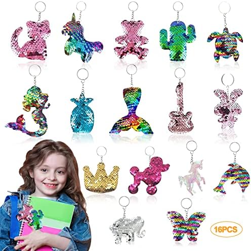 16 PCS Colorful Sequin Keychains, Reversible Sequins Glitter Sequins ...