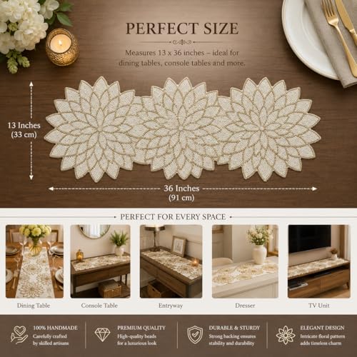 Image of Beautiful Pearl Cream Gold Beaded Table Runner Craftsmanship, Pack of 1 (13 x 36 Inches) - Multi-Flower Colorful Festival Table Runner for Thanksgiving & Occasional Decoration