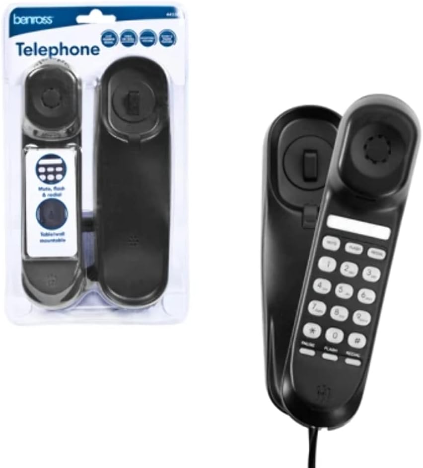 Slimline Corded Telephone/Landline Phone for Home & Office/Table or Wall Mounted/Last Number Redial Feature/Flash & Pause Buttons/Black Colour