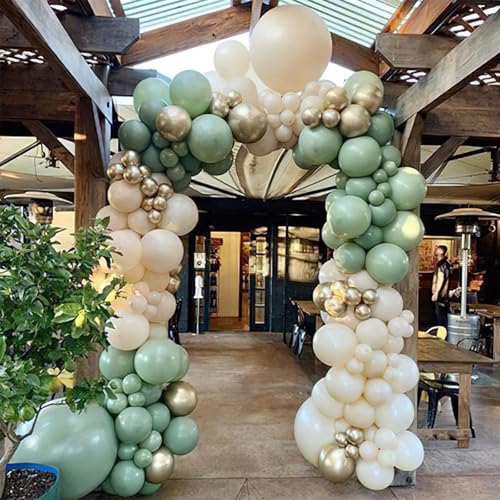 Image of PartyWoo 140 pcs Olive Green Balloon Arch Kit, Sage Green Balloon Garland Kit with Cream White Metallic Gold Retro Green Clear Balloons and Arch Kit for Birthday, Baby Shower, Wedding