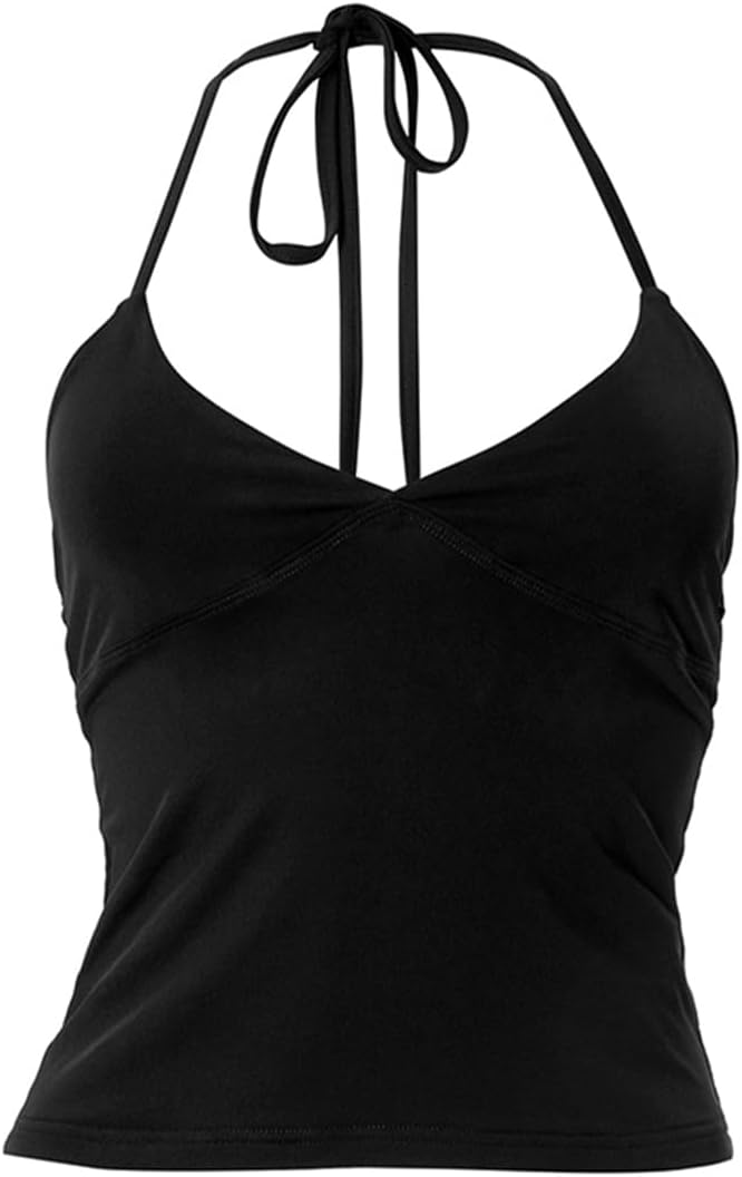 Halter Spaghetti Strap Tank Crop Top for Women Cami V Neck Ruched Camisole Sleeveless Cute Backless Vest Streetwear Y2K Shirt
