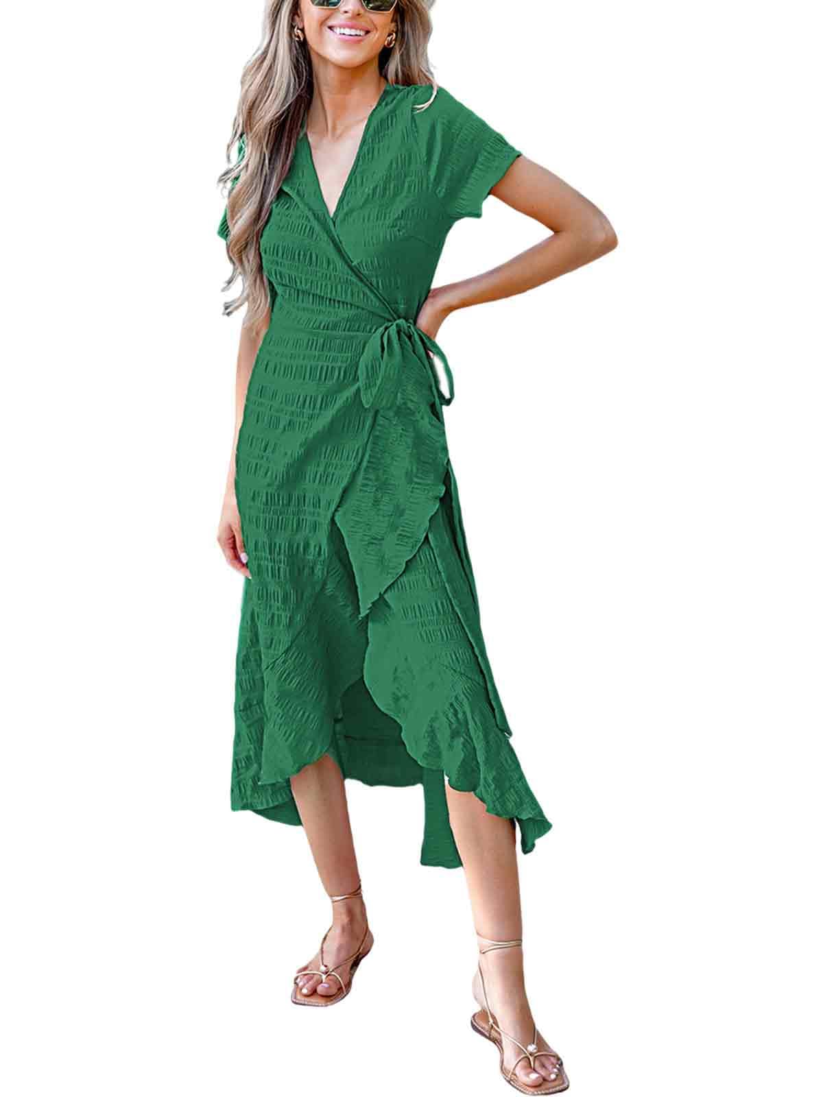 CUPSHE Women Summer Maxi Dress Casual Split Sleeve V Neck Ruffle Beach Dress Black L, black