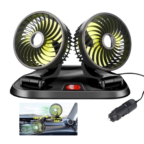 Nircho Ventilateur de voiture - 12 V - Double tête - Rotation à 360° - Avec 2 vitesses - Allume-cigare - Pour tableau de bord, voiture, camionnette, SUV,...