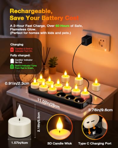 Image of Yme Rechargeable Tea Lights with Remote & Dimmable Timer | 12PCS LED Votives Candles with Charging Base,Battery Operated Flickering Flameless Tealights, Home Table Lantern Party Decor
