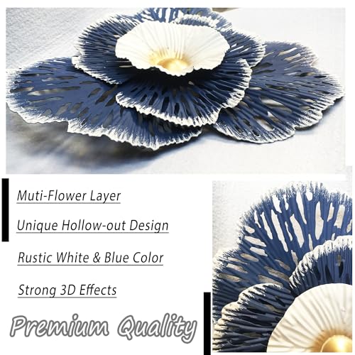 10" Metal Flower Wall Art Decor, Rustic Modern Floral Sculpture, Distressed Iron Wall Hanging Home Decoration Accent Artworks for Indoor Kitchen Bedroom Living Office Outdoor Garden Patio (36D-Blue) - Image 3