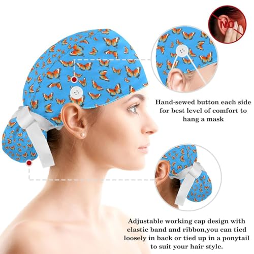 Image of Colored Butterflies Scrub Caps Women Ponytail, Adjustable Bouffant Surgical Caps with Button, Nurse Hats Long Hair