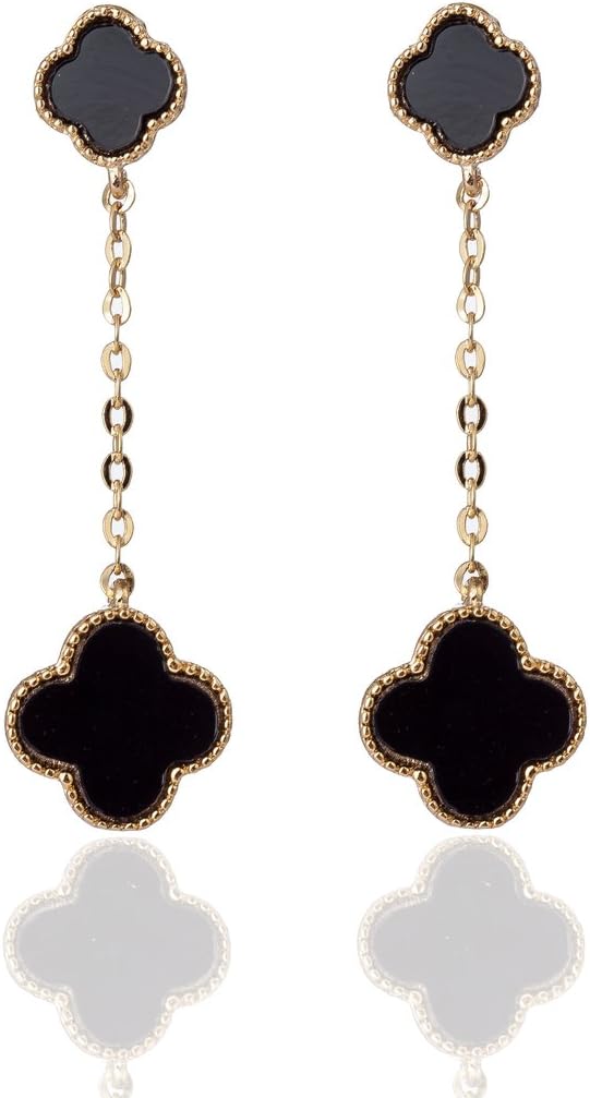 Beautiful Clover - Black and Gold-Colored Dangling Earrings