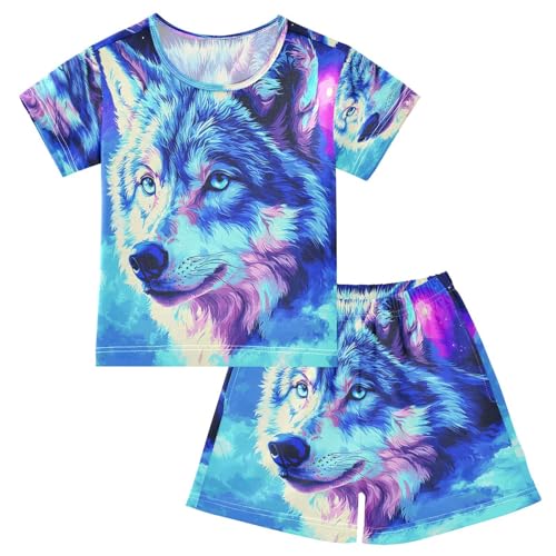 ALAZA Wolf Oil Painting Stylish Pajamas Set Short Sleeve Cotton Sleepwear Summer Pjs 2 Piece 5-14Y