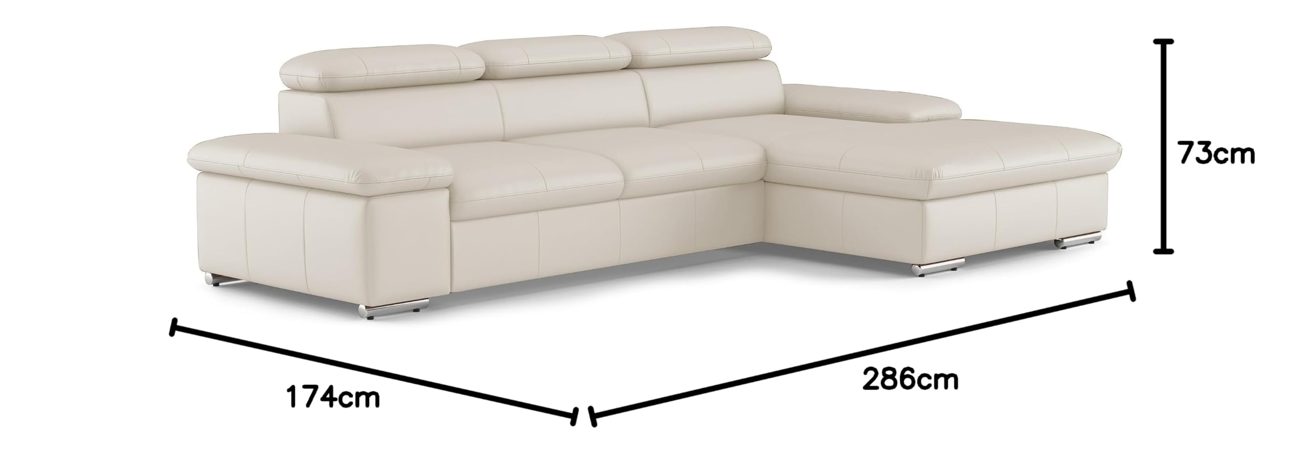 CAVADORE Leder-Schlafsofa Valerie mit XL-Longchair / Eckcouch mit Schlaffunktion, Kopfteilverstellung + großem Longchair / 286 x 73 x 174 / Echtleder Weiß