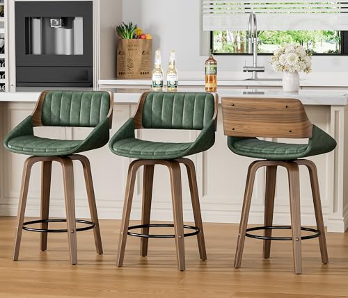 Image of YaFiti Bar Stools Set of 3, 26 inch Swivel Counter Height Barstools with Bentwood Back and Legs, Mid Century Modern Upholstered Faux Leather Counter Stools for Kitchen Island, Dining Room, Green