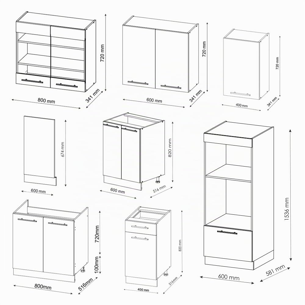 Vicco Cucina componibile Fame-Line Antracite lucido/Rovere 300 cm | con armadio alto, senza piano di lavoro, per l'espansione personalizzata tramite moduli aggiuntivi compatibili