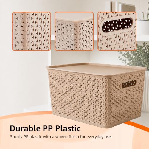 Image of Amazon Basics Set of 3 Plastic Storage Baskets with Lid - Stackable Organiser for Wardrobe, Kitchen, Clothes, Toys, Books, Office Multipurpose Shelf Basket (Large, 36x30x22 cm) | Biscuit, Rectangular