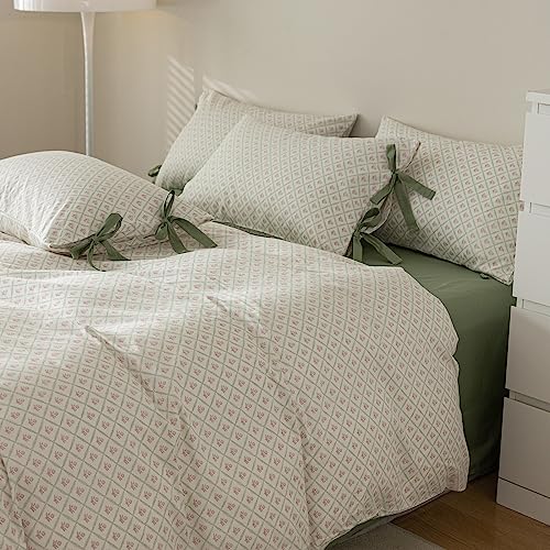 VM VOUGEMARKET King Duvet Cover with Green Plaid,Vintage Red Flower Duvet Cover King Size Girls Garden Style Bedding Set with Zipper Closure & 2 Pillow Cases
