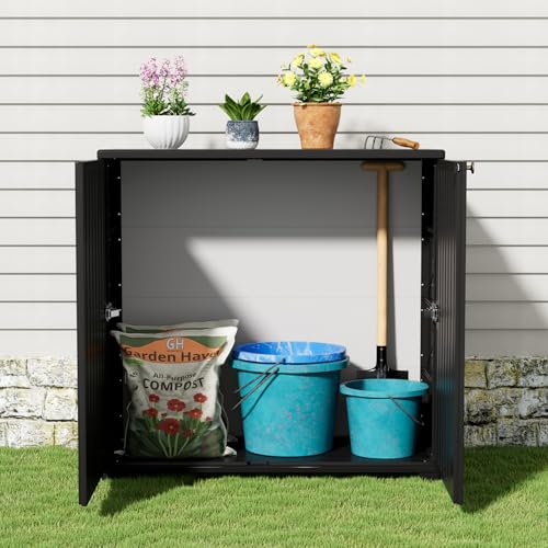Image of KINYING Outdoor Storage Cabinet Waterproof, 60 Gallon Resin Outdoor Storage Shed for Patio /Garden /Backyard, Outdoor Storage Box for Cushions,Garden Tools and Pool Supplies(Black W /O Shelving)