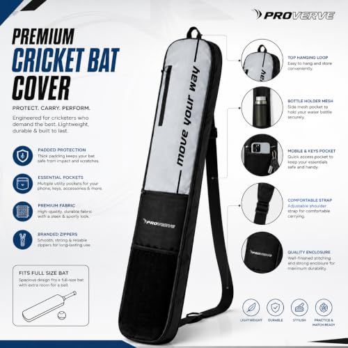 Image of Padded Cricket Bat Cover Full Size | Lightweight Durable Cricket Bat Carry Case with Utility Pocket & Shoulder Strap | Protective Bat Bag for Practice & Matches | Grey & Black