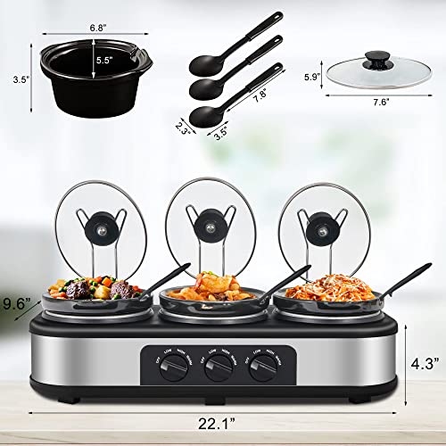Triple Slow Cooker, 3×1.5 Qt Buffet Servers And Warmers, 3 Pots Buffet Slow Cooker Adjustable Temp Lid Rests Stainless Steel Manual Silver For Parties Holidays Families #TOP5