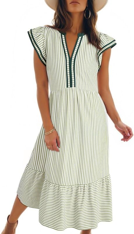 Dokotoo Womens Dresses 2026 Summer V-Neck Ruffle Cap Sleeve Empire Waist Flowy Striped Beach Midi Maxi Dress with Pockets