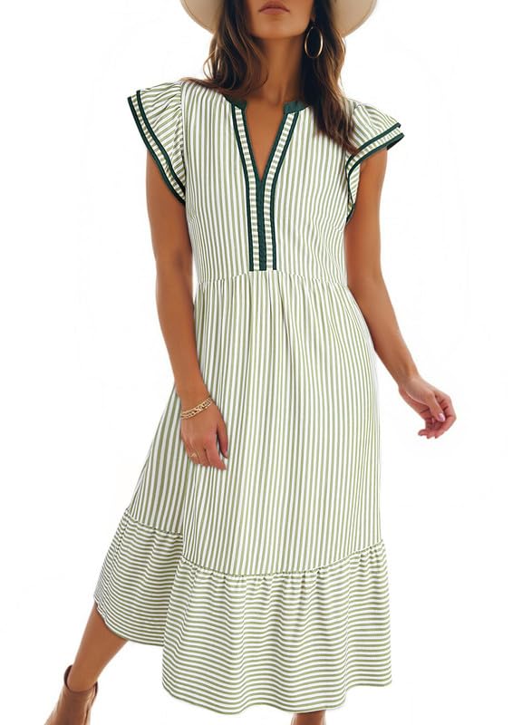 Dokotoo Summer Dresses for Women 2026 Green Dress V-Neck Cap Sleeve Empire Waist Beach Dress Side Pockets Striped Midi Maxi Dresses with Sleeves Medium