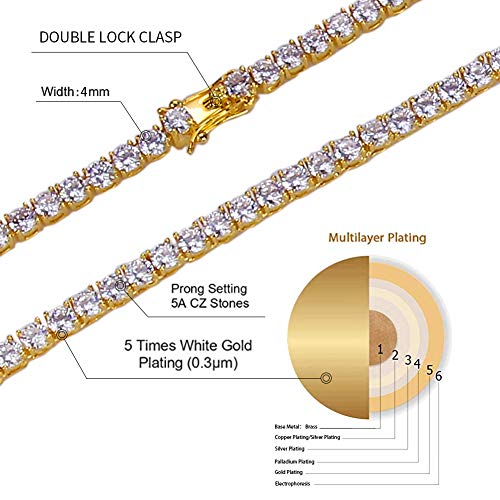 Jinao 18K Gold Plated 1 Row 4Mm Rhinestone Iced Out Cz Hiphop Tennis Chain Necklace 24" #TOP1