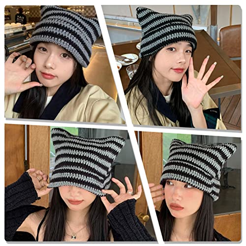 Crochet Hats For Women Y2K-Accessories Vintage Beanies Cat Beanie Fox Hat Grunge Accessories Knit Hat Winter Warm Little Devil Hat Slouchy Beanies For Women Girl #TOP2
